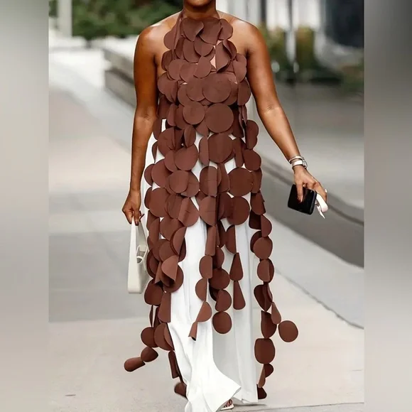 Brown Boho Solid Halter Neck Tunics, Sexy Sleeveless Tie Back Top - Picture 2 of 3